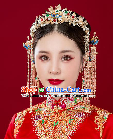 Chinese Traditional Palace Hair Accessories Ancient Hairpins Xiuhe Suit Pearls Phoenix Coronet Complete Set for Women