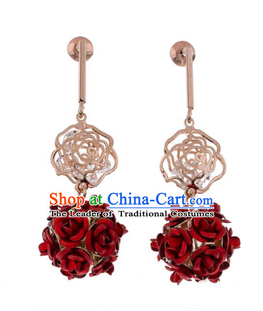 Chinese Ancient Bride Classical Accessories Red Rose Earrings Wedding Jewelry Hanfu Eardrop for Women