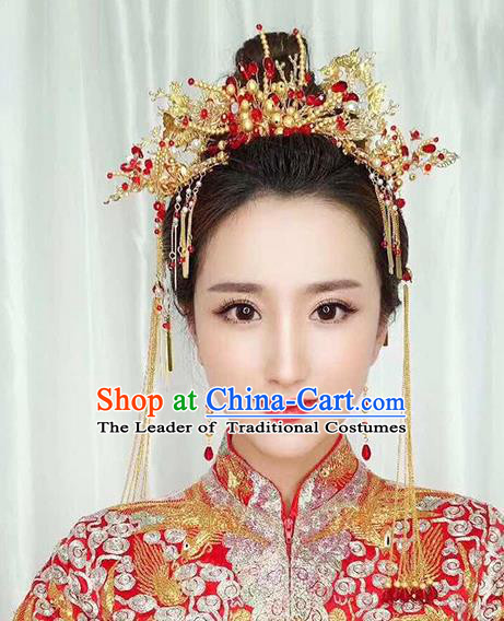 Chinese Traditional Palace Hair Accessories Ancient Xiuhe Suit Hairpins Golden Phoenix Coronet for Women