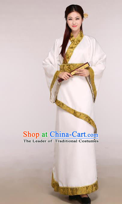 Chinese Traditional Hanfu Dress White Curving-front Robe Ancient Han Dynasty Princess Costume for Women