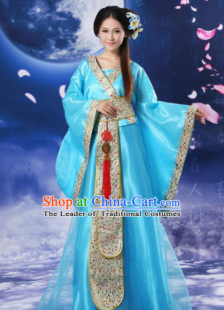 Chinese Traditional Fairy Blue Hanfu Dress Ancient Tang Dynasty Imperial Concubine Costume for Women