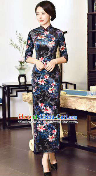 Top Grade Chinese National Costume Navy Velvet Qipao Dress Traditional Tang Suit Cheongsam for Women