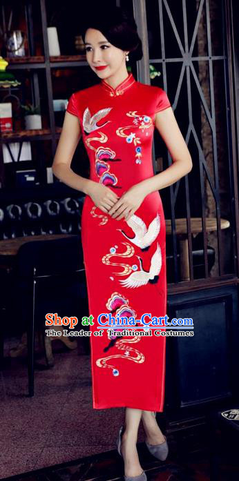 Top Grade Chinese National Costume Printing Crane Red Silk Qipao Dress Traditional Tang Suit Cheongsam for Women