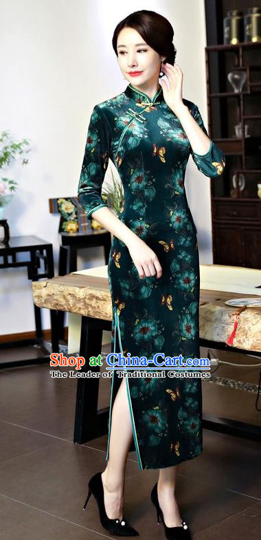 Top Grade Chinese National Costume Green Pleuche Qipao Dress Traditional Tang Suit Cheongsam for Women