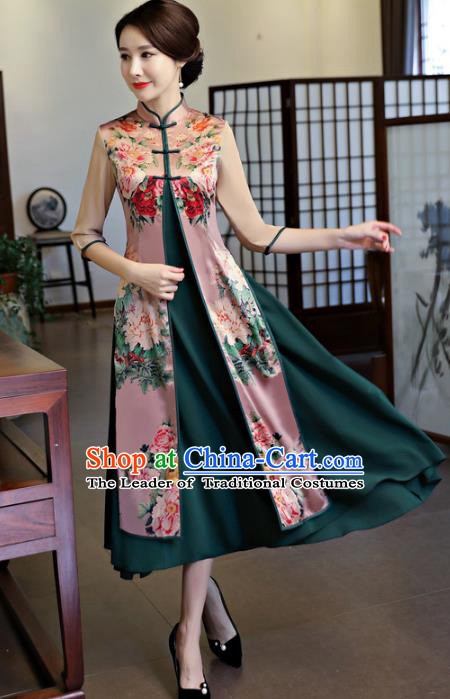Chinese National Costume Handmade Printing Peony Two-pieces Qipao Dress Traditional Cheongsam for Women