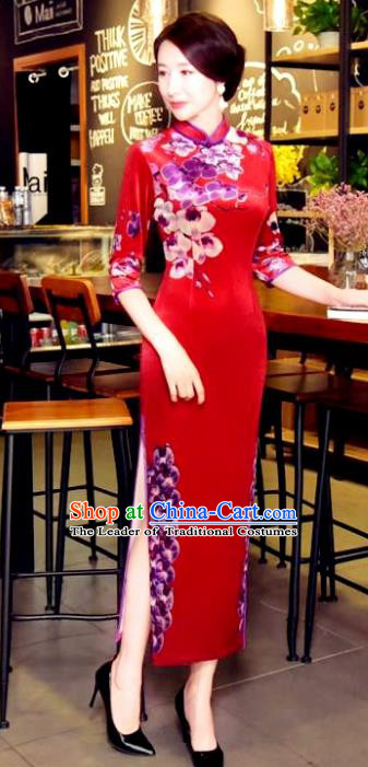 Chinese National Costume Handmade Qipao Dress Traditional Printing Red Cheongsam for Women