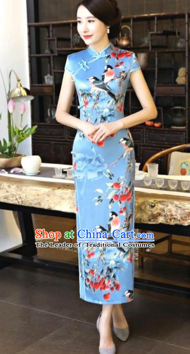 Chinese National Costume Tang Suit Qipao Dress Traditional Printing Birds Blue Cheongsam for Women