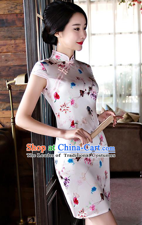 Chinese National Costume Tang Suit White Silk Qipao Dress Traditional Printing Cheongsam for Women