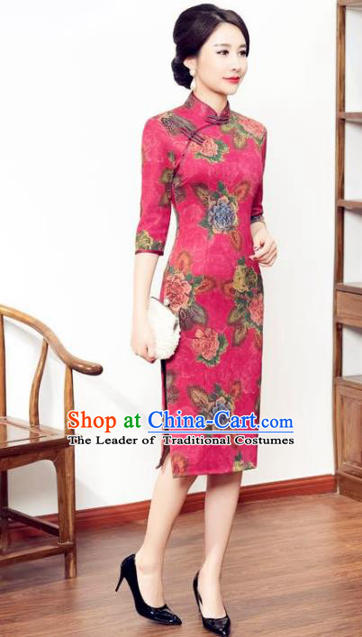 Chinese National Costume Tang Suit Qipao Dress Traditional Pink Suede Fabric Cheongsam for Women
