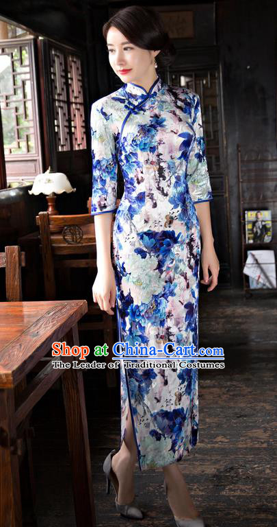 Chinese National Costume Handmade Light Blue Velvet Qipao Dress Traditional Tang Suit Printing Cheongsam for Women