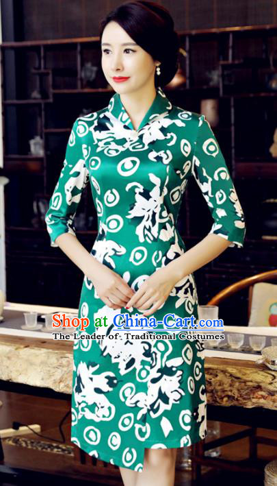 Chinese National Costume Handmade Printing Green Qipao Dress Traditional Tang Suit Cheongsam for Women