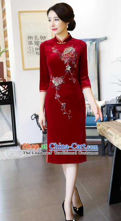 Chinese National Costume Handmade Red Velvet Qipao Dress Traditional Tang Suit Cheongsam for Women