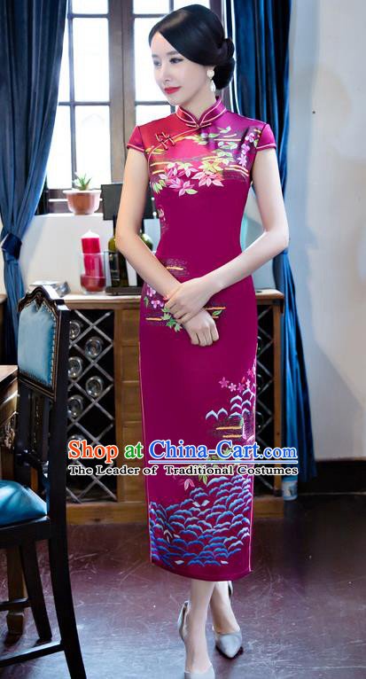 Chinese Top Grade Retro Printing Silk Qipao Dress Traditional Republic of China Tang Suit Rosy Cheongsam for Women