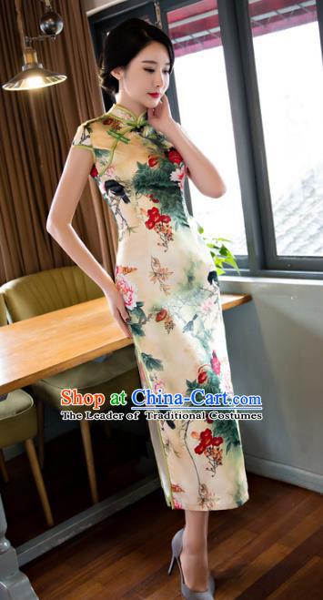 Chinese National Costume Retro Printing Satin Qipao Dress Traditional Republic of China Tang Suit Cheongsam for Women