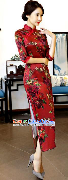 Chinese National Costume Tang Suit Red Qipao Dress Traditional Printing Cheongsam for Women