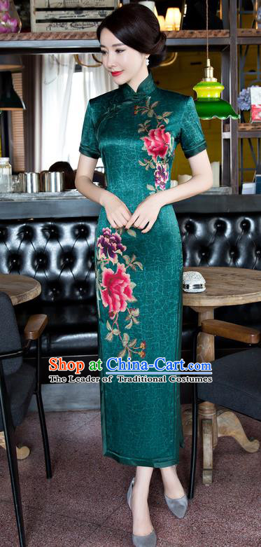 Chinese National Costume Tang Suit Green Qipao Dress Traditional Republic of China Printing Peony Cheongsam for Women