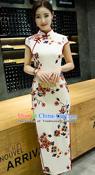 Chinese Top Grade Retro Printing Flowers White Qipao Dress Traditional Republic of China Tang Suit Cheongsam for Women