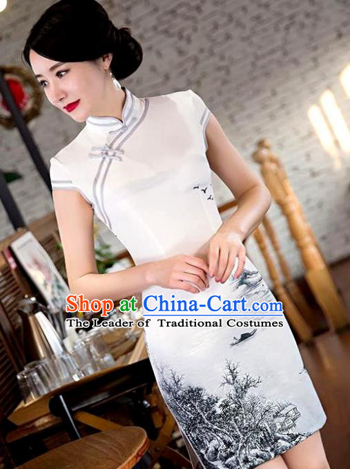Chinese Top Grade Retro Landscape Painting Qipao Dress Traditional Republic of China Tang Suit Cheongsam for Women