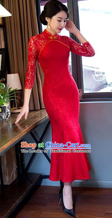 Chinese Top Grade Elegant Red Lace Qipao Dress Traditional Republic of China Tang Suit Fishtail Cheongsam for Women