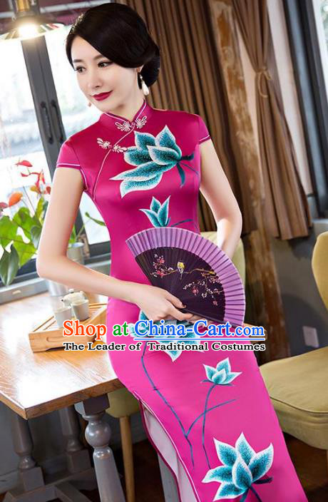 Chinese Top Grade Elegant Rosy Silk Qipao Dress Traditional Republic of China Tang Suit Printing Lotus Cheongsam for Women