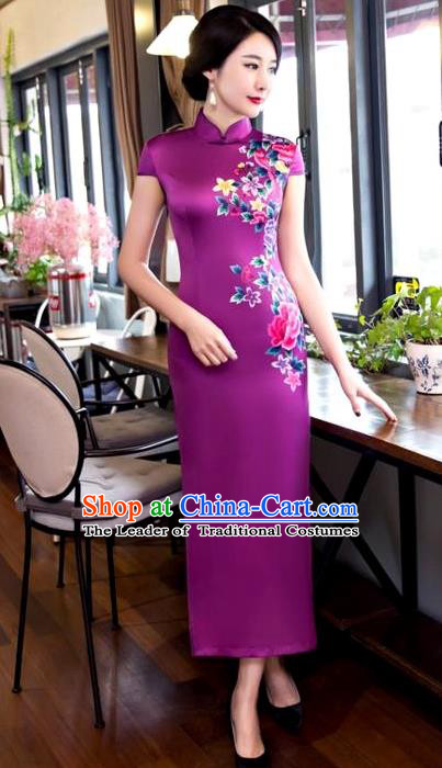 Chinese Top Grade Elegant Printing Peony Flowers Purple Silk Qipao Dress Traditional Republic of China Tang Suit Cheongsam for Women