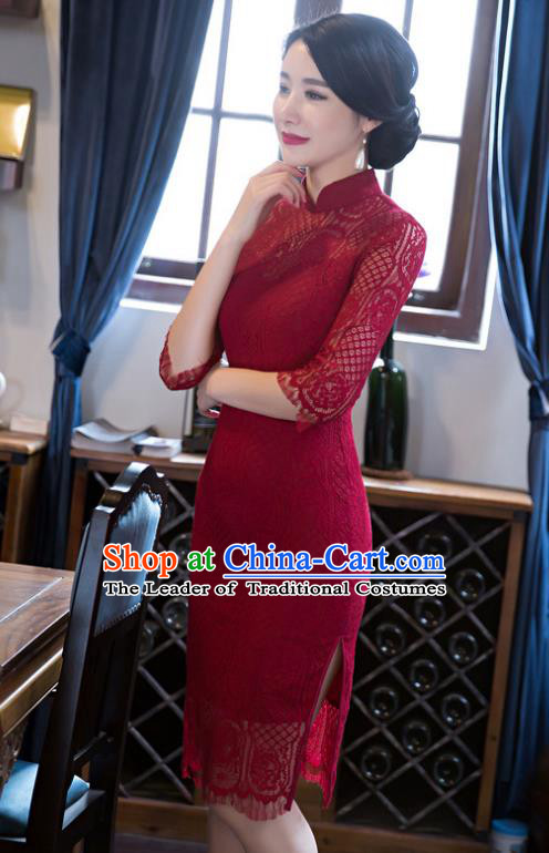 Top Grade Chinese Elegant Short Cheongsam Traditional China Tang Suit Red Lace Qipao Dress for Women