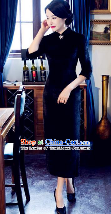 Chinese Top Grade Elegant Black Wool Cheongsam Traditional Republic of China Tang Suit Qipao Dress for Women