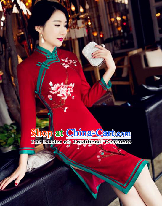 Top Grade Chinese Elegant Red Woolen Cheongsam Traditional China Tang Suit Qipao Dress for Women