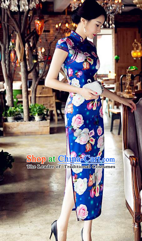 Traditional Chinese Elegant Cheongsam China Tang Suit Printing Rose Blue Qipao Dress for Women