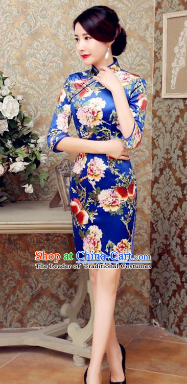 Traditional Chinese Elegant Printing Flowers Blue Short Cheongsam China Tang Suit Qipao Dress for Women