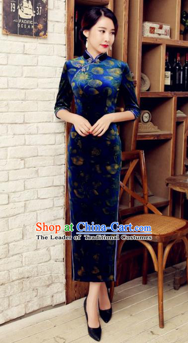 Traditional Chinese Elegant Printing Blue Velvet Cheongsam China Tang Suit Qipao Dress for Women
