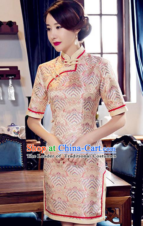 Traditional Chinese Elegant Golden Brocade Cheongsam China Tang Suit Short Qipao Dress for Women