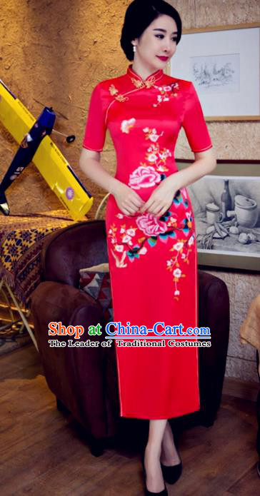 Chinese Traditional Costume Elegant Cheongsam China Tang Suit Printing Butterfly Flowers Red Qipao Dress for Women