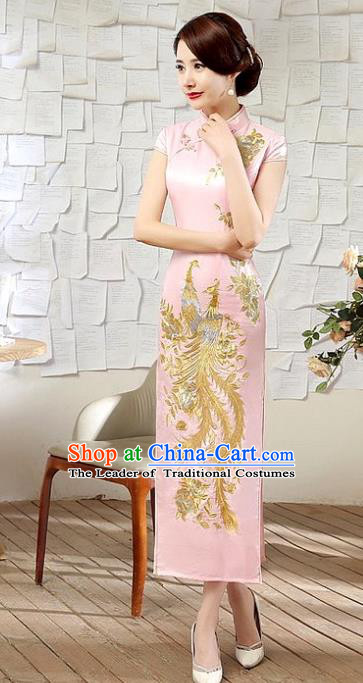 Chinese Traditional Costume Embroidered Phoenix Pink Cheongsam China Tang Suit Silk Qipao Dress for Women