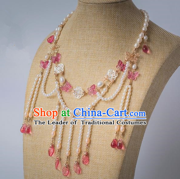 Traditional Handmade Chinese Ancient Classical Accessories Hanfu Pink Butterfly Tassel Necklace for Women