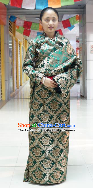 Chinese Zang Nationality Green Brocade Tibetan Robe, China Traditional Tibetan Ethnic Heishui Dance Costume for Women