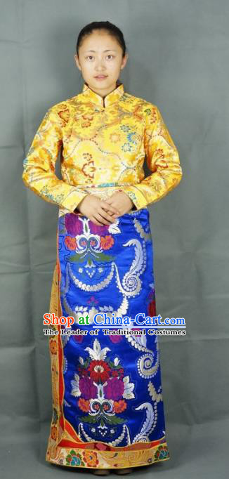 Chinese Zang Nationality Blue Brocade Tibetan Bust Skirt, China Traditional Tibetan Ethnic Heishui Dance Costume for Women
