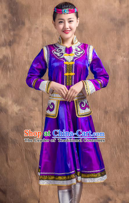 Traditional Chinese Mongol Nationality Costume, Mongolian Female Folk Dance Purple Dress Clothing for Women