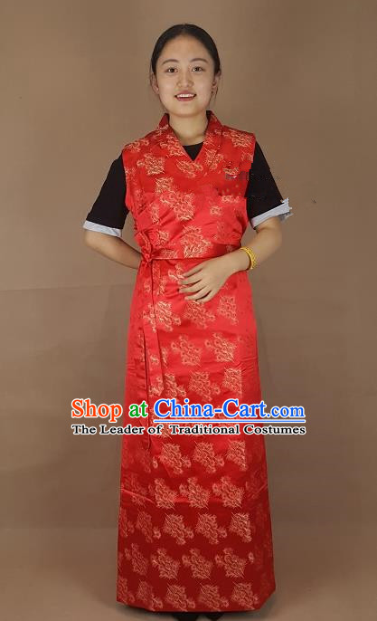 Chinese Zang Nationality Folk Dance Red Dress, China Traditional Tibetan Ethnic Costume for Women