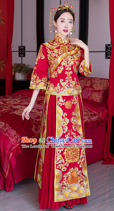 Chinese Ancient Wedding Costume Traditional Bride Xiuhe Suit Embroidered Peony Red Full Dress for Women