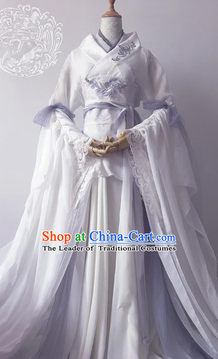 Chinese Ancient Cosplay Queen Costume Han Dynasty Empress Embroidered White Hanfu Dress for Women