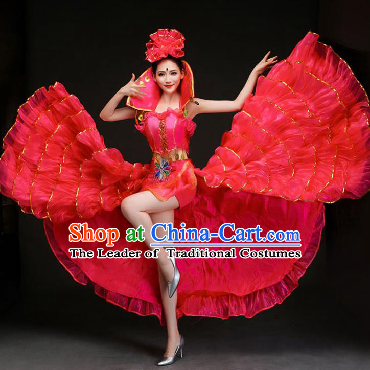 Top Grade Stage Show Costume Chorus Opening Modern Dance Spanish Dance Rosy Dress and Headpiece for Women