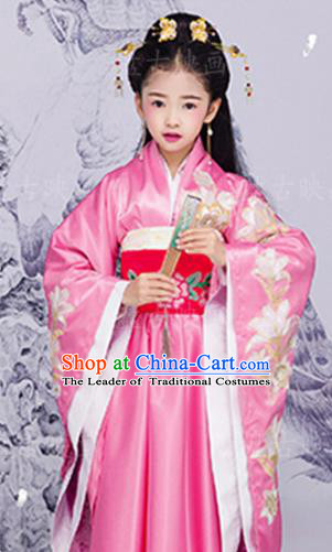 Chinese Ancient Princess Embroidered Costume Han Dynasty Palace Lady Hanfu Dress and Headpiece for Kids