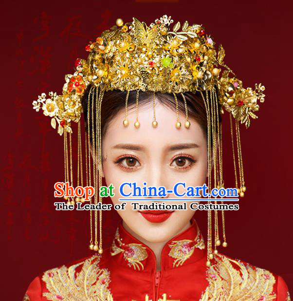 Chinese Traditional Xiuhe Suit Hair Accessories Ancient Handmade Phoenix Coronet Hairpins Complete Set for Women