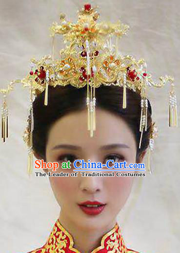 Chinese Traditional Xiuhe Suit Hair Accessories Bride Tassel Phoenix Coronet Ancient Hairpins Complete Set for Women