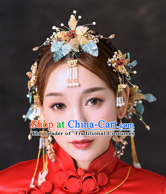 Chinese Traditional Handmade Hair Accessories Ancient Flowers Frontlet Tassel Hairpins Complete Set for Women