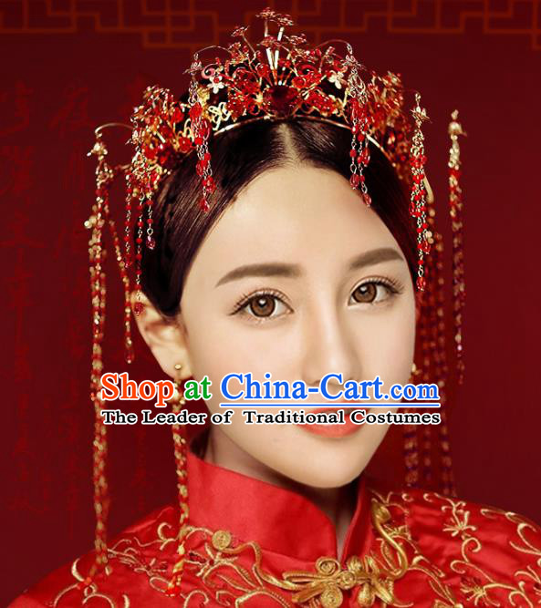 Chinese Traditional Xiuhe Suit Hair Accessories Ancient Red Crystal Phoenix Coronet Hairpins for Women