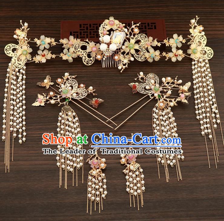 Chinese Traditional Xiuhe Suit Hair Accessories Ancient Handmade Pearls Hairpins Complete Set for Women