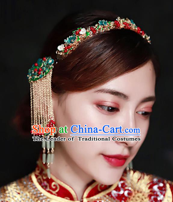 Chinese Ancient Handmade Hair Accessories Traditional Xiuhe Suit Cloisonne Hair Clasp Tassel Hairpins for Women