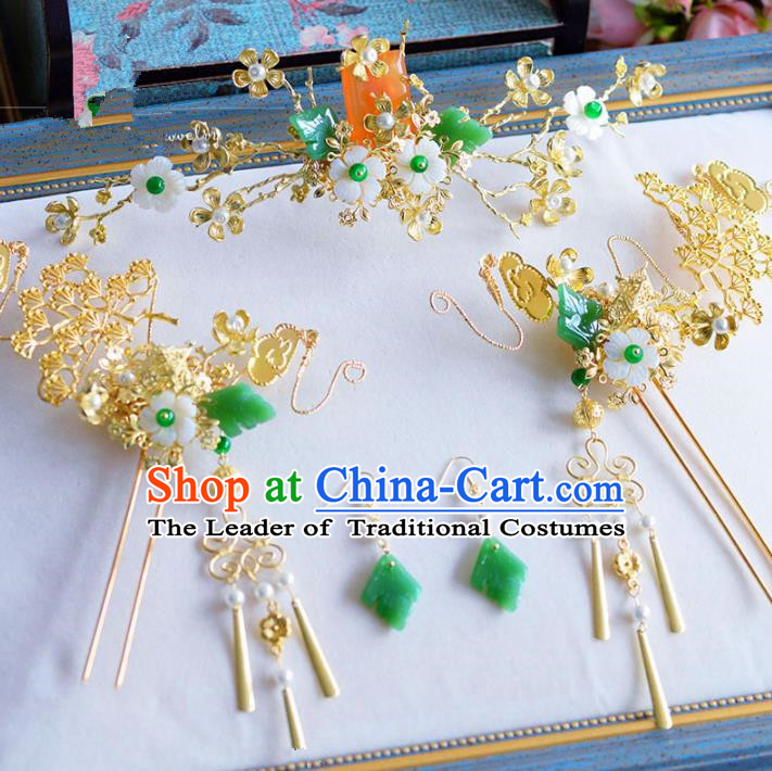 Chinese Ancient Handmade Palace Traditional Jade Hair Accessories Xiuhe Suit Golden Hairpins Complete Set for Women